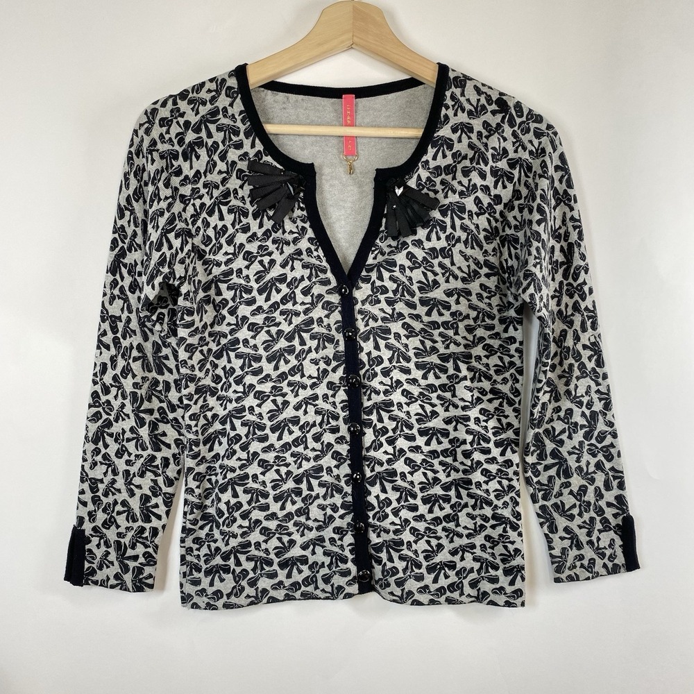 Kawaii Bow Allover Dark Feminine Disney Charlotte Cardigan Size XS Gray Black